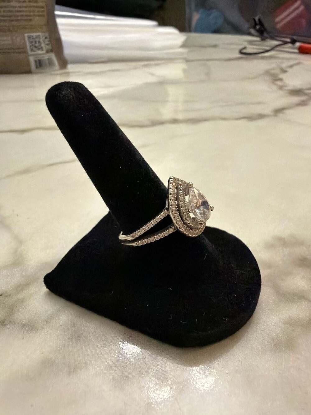 Pear Cut Double Halo Split Shank Sterling Silver Ring Size 6.5-7 - Picture 4 of 12